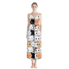 Cute-cat-kitten-cartoon-doodle-seamless-pattern Button Up Chiffon Maxi Dress