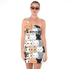 Cute-cat-kitten-cartoon-doodle-seamless-pattern One Soulder Bodycon Dress