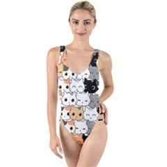 Cute-cat-kitten-cartoon-doodle-seamless-pattern High Leg Strappy Swimsuit