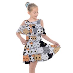 Cute-cat-kitten-cartoon-doodle-seamless-pattern Kids  Shoulder Cutout Chiffon Dress