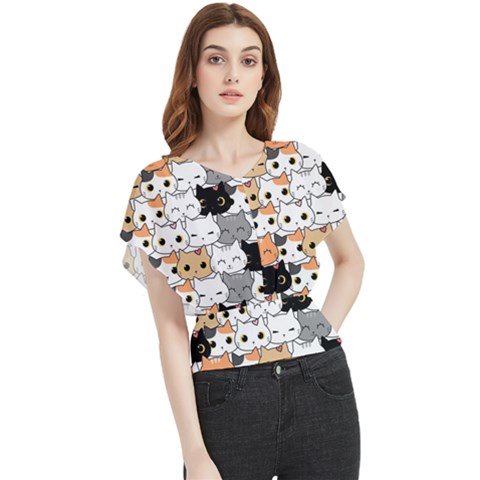 Cute-cat-kitten-cartoon-doodle-seamless-pattern Butterfly Chiffon Blouse by Jancukart