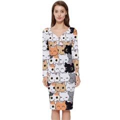 Cute-cat-kitten-cartoon-doodle-seamless-pattern Long Sleeve V-neck Bodycon Dress  by Jancukart