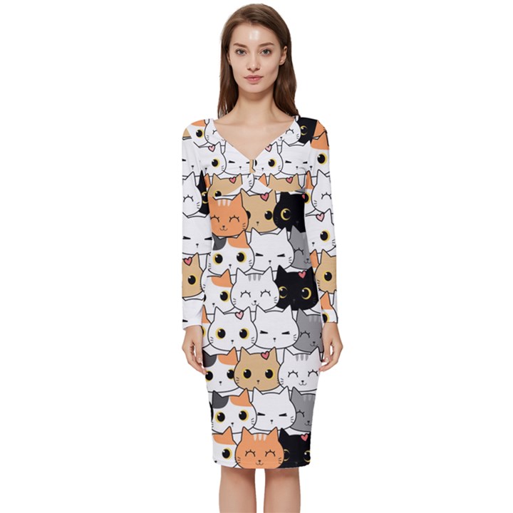 Cute-cat-kitten-cartoon-doodle-seamless-pattern Long Sleeve V-Neck Bodycon Dress 