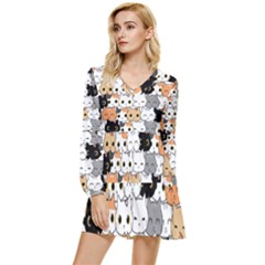 Cute-cat-kitten-cartoon-doodle-seamless-pattern Tiered Long Sleeve Mini Dress