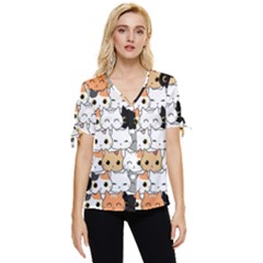 Cute-cat-kitten-cartoon-doodle-seamless-pattern Bow Sleeve Button Up Top