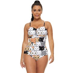 Cute-cat-kitten-cartoon-doodle-seamless-pattern Retro Full Coverage Swimsuit