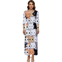 Cute-cat-kitten-cartoon-doodle-seamless-pattern Long Sleeve Velour Longline Maxi Dress