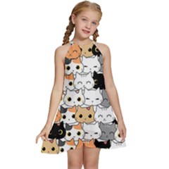 Cute-cat-kitten-cartoon-doodle-seamless-pattern Kids  Halter Collar Waist Tie Chiffon Dress