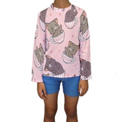 Seamless Pattern Adorable Cat Inside Cup Kids  Long Sleeve Swimwear by Jancukart