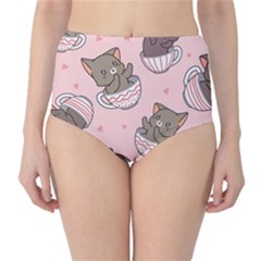 Seamless Pattern Adorable Cat Inside Cup Classic High-waist Bikini Bottoms by Jancukart