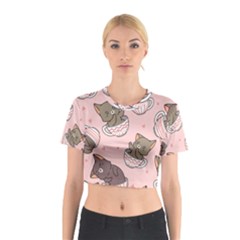 Seamless Pattern Adorable Cat Inside Cup Cotton Crop Top