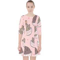 Seamless Pattern Adorable Cat Inside Cup Quarter Sleeve Pocket Dress