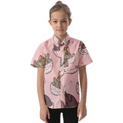 Seamless Pattern Adorable Cat Inside Cup Kids  Short Sleeve Shirt