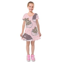 Seamless Pattern Adorable Cat Inside Cup Kids  Short Sleeve Velvet Dress