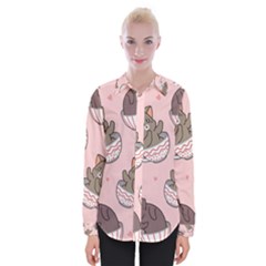 Seamless Pattern Adorable Cat Inside Cup Womens Long Sleeve Shirt