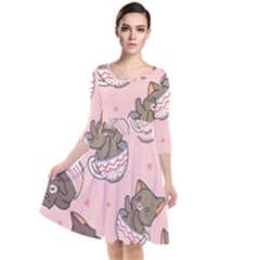 Seamless Pattern Adorable Cat Inside Cup Quarter Sleeve Waist Band Dress