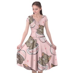 Seamless Pattern Adorable Cat Inside Cup Cap Sleeve Wrap Front Dress