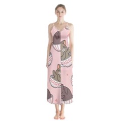 Seamless Pattern Adorable Cat Inside Cup Button Up Chiffon Maxi Dress