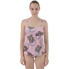 Seamless Pattern Adorable Cat Inside Cup Twist Front Tankini Set