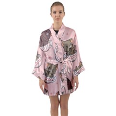 Seamless Pattern Adorable Cat Inside Cup Long Sleeve Satin Kimono