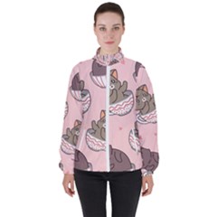 Seamless Pattern Adorable Cat Inside Cup Women s High Neck Windbreaker by Jancukart