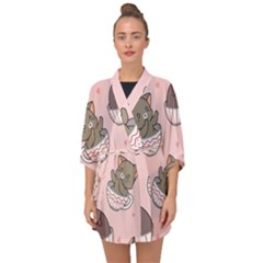 Seamless Pattern Adorable Cat Inside Cup Half Sleeve Chiffon Kimono