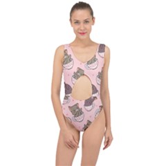 Seamless Pattern Adorable Cat Inside Cup Center Cut Out Swimsuit