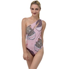 Seamless Pattern Adorable Cat Inside Cup To One Side Swimsuit