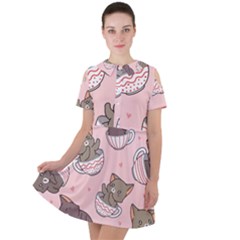 Seamless Pattern Adorable Cat Inside Cup Short Sleeve Shoulder Cut Out Dress  by Jancukart