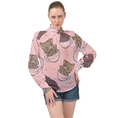 Seamless Pattern Adorable Cat Inside Cup High Neck Long Sleeve Chiffon Top