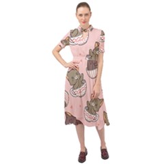 Seamless Pattern Adorable Cat Inside Cup Keyhole Neckline Chiffon Dress