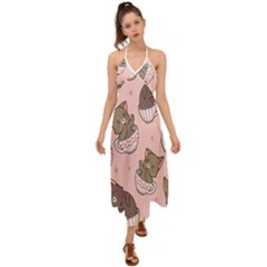 Seamless Pattern Adorable Cat Inside Cup Halter Tie Back Dress 