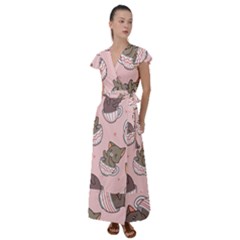 Seamless Pattern Adorable Cat Inside Cup Flutter Sleeve Maxi Dress