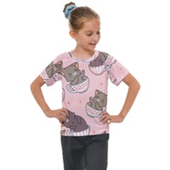 Seamless Pattern Adorable Cat Inside Cup Kids  Mesh Piece Tee