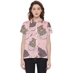 Seamless Pattern Adorable Cat Inside Cup Short Sleeve Pocket Shirt