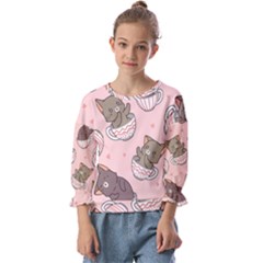 Seamless Pattern Adorable Cat Inside Cup Kids  Cuff Sleeve Top