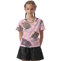 Seamless Pattern Adorable Cat Inside Cup Kids  Front Cut Tee