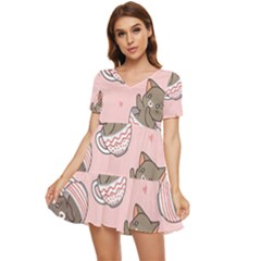 Seamless Pattern Adorable Cat Inside Cup Tiered Short Sleeve Babydoll Dress