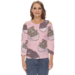 Seamless Pattern Adorable Cat Inside Cup Cut Out Wide Sleeve Top