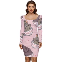 Seamless Pattern Adorable Cat Inside Cup Women Long Sleeve Ruched Stretch Jersey Dress