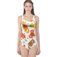 Seamless Pattern With Kittens White Background One Piece Swimsuit