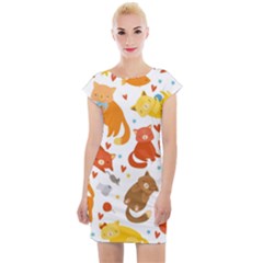 Seamless Pattern With Kittens White Background Cap Sleeve Bodycon Dress