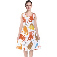 Seamless Pattern With Kittens White Background V-neck Midi Sleeveless Dress 