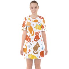 Seamless Pattern With Kittens White Background Sixties Short Sleeve Mini Dress