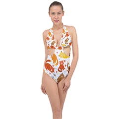 Seamless Pattern With Kittens White Background Halter Front Plunge Swimsuit