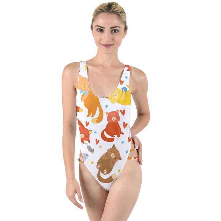 Seamless Pattern With Kittens White Background High Leg Strappy Swimsuit