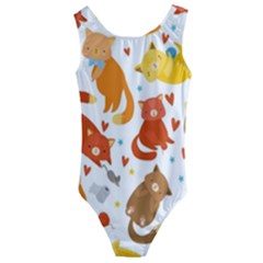 Seamless Pattern With Kittens White Background Kids  Cut-out Back One Piece Swimsuit