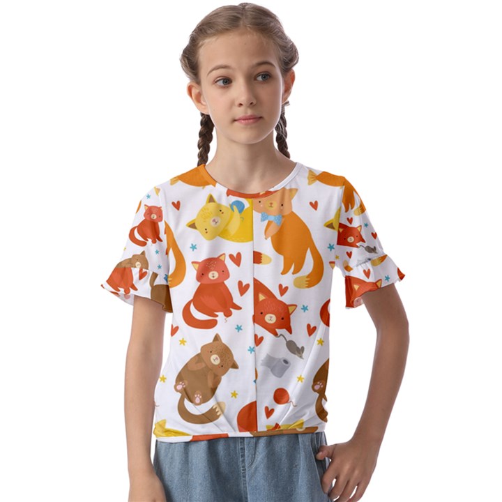 Seamless Pattern With Kittens White Background Kids  Cuff Sleeve Scrunch Bottom Tee