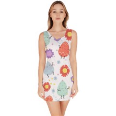 Easter Seamless Pattern With Cute Eggs Flowers Bodycon Dress