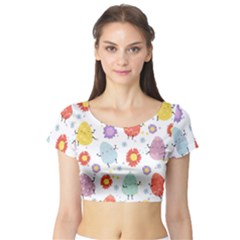 Easter Seamless Pattern With Cute Eggs Flowers Short Sleeve Crop Top